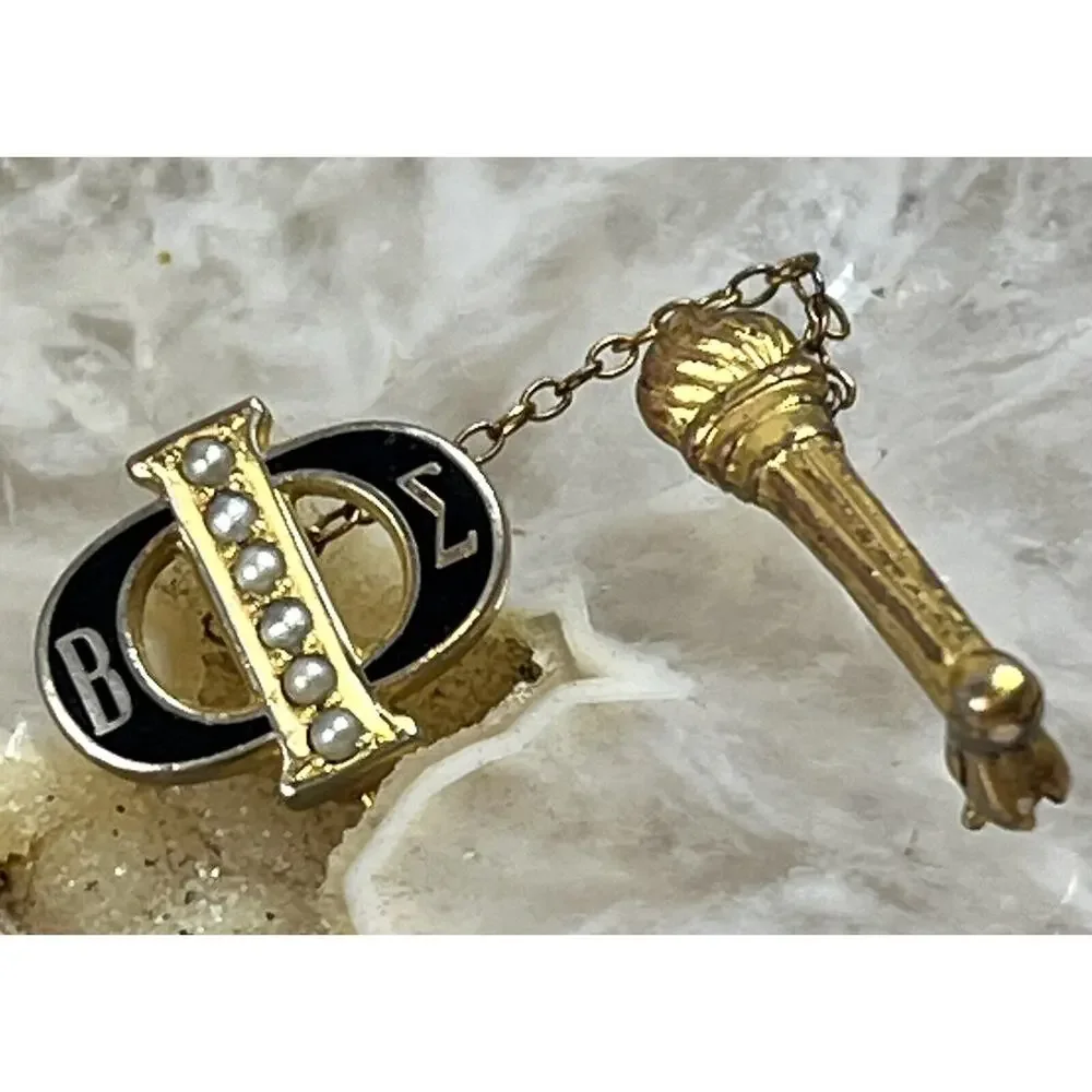 Golden BETA SIGMA PI Pearl Torch Preceptor- Gold Plate Gavel Sorority Pin - VTG